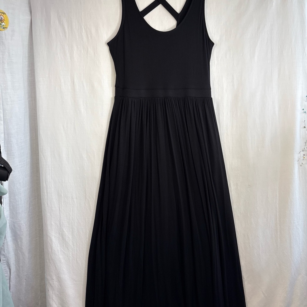 Maeve by Anthropologie Black Sleeveless Maxi Dress with Crossback Ruched Lined